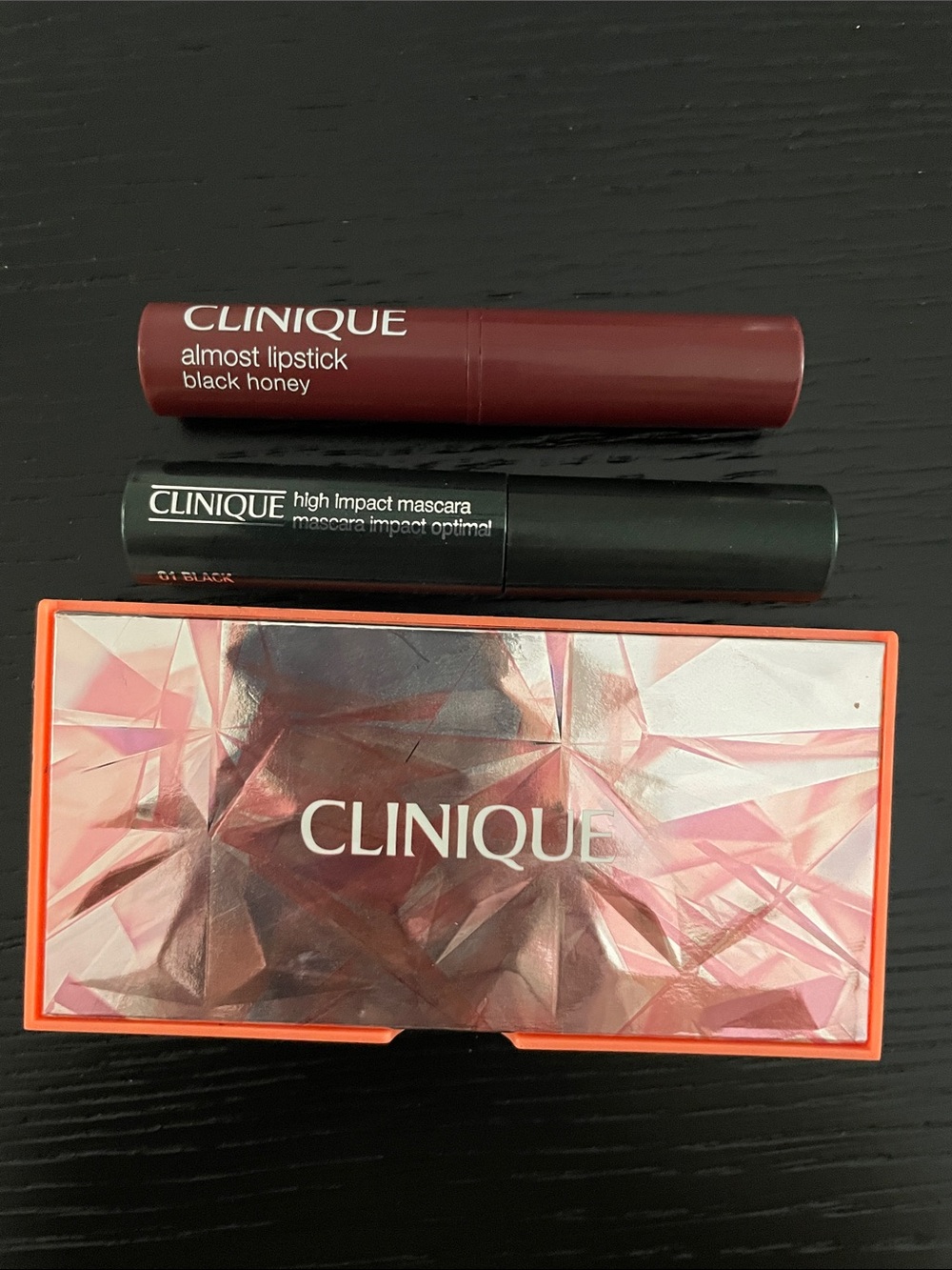 Clinique set of 3 - mascara black cherry almost lipstick eye shadows /blush